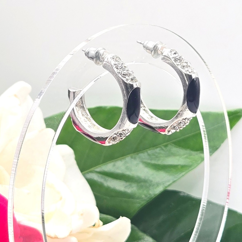 Silver Tone Black Enamel and Rhinestone Half Hoop Post Earrings